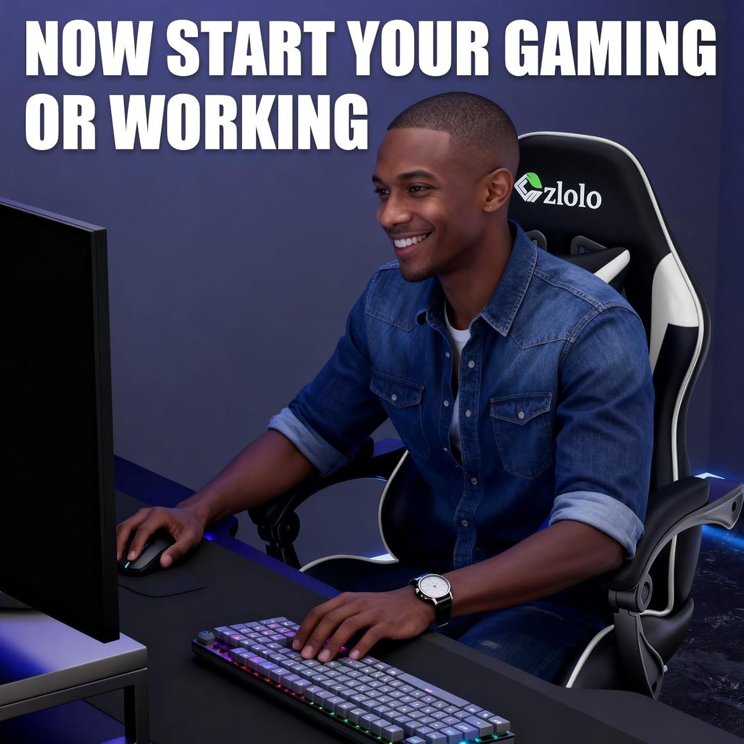 White Gaming Chair w/ Footrest Massage Lumbar Reclining