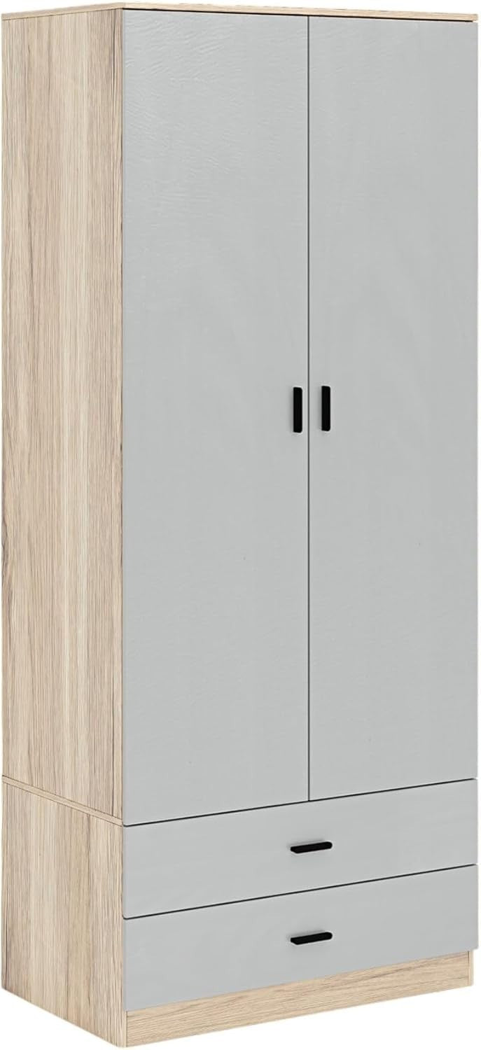 Tall Oak 2 Door Grey Wardrobe with Drawers | Modern Bedroom Clothes Storage