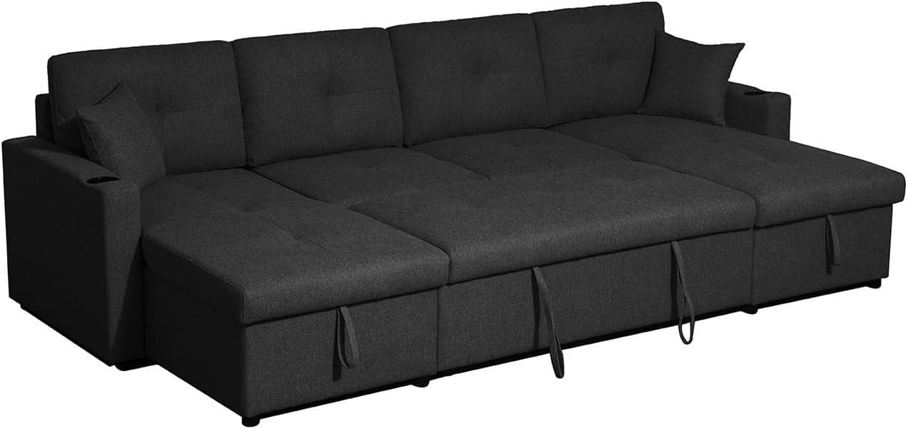 Black Fabric U-Shaped 4 Seater Sofa Bed with Storage & Pull-Out Bed