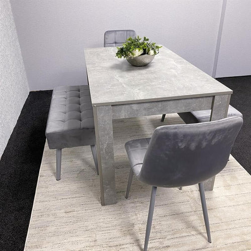 Grey Dining Table Set with Benches & Velvet Chairs - Modern MDF 4 Seater