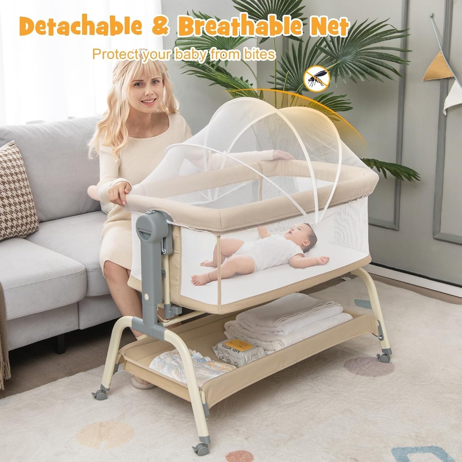 4in1 Baby Bedside Crib Adjustable Rocking Bassinet with Mattress & Storage Beige