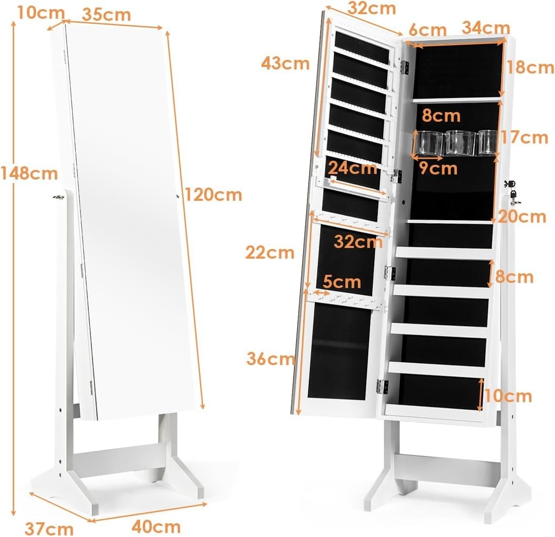 White Lockable Jewellery Cabinet Full Length Mirror Adjustable Storage