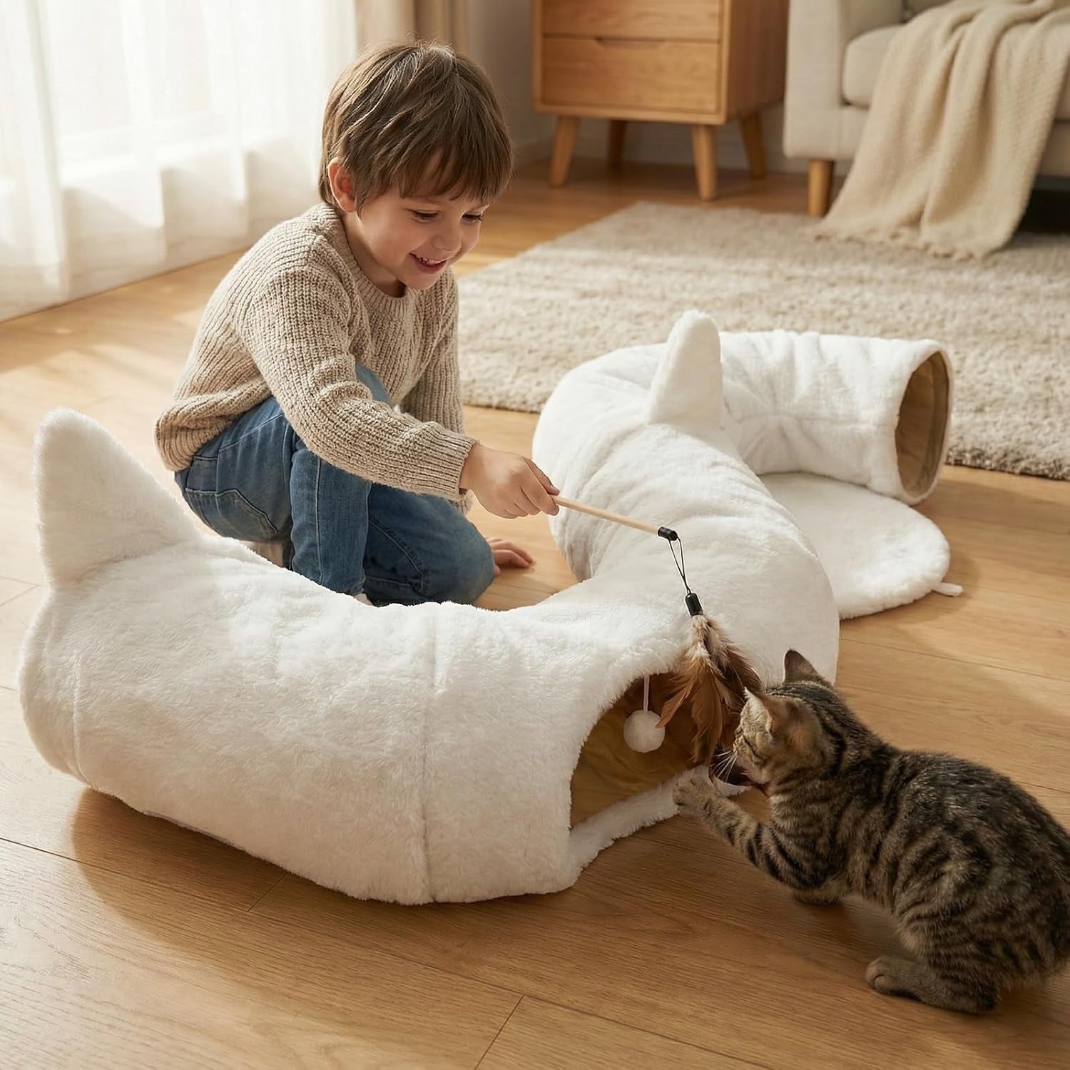 Plush Cat Tunnel Bed Round Donut Cave w Washable Cushion White
