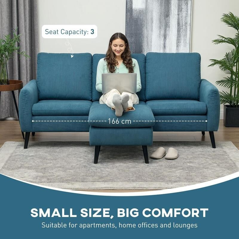 3 Seater Corduroy Sofa w/ Chaise Lounge L Shape Couch Reversible Blue