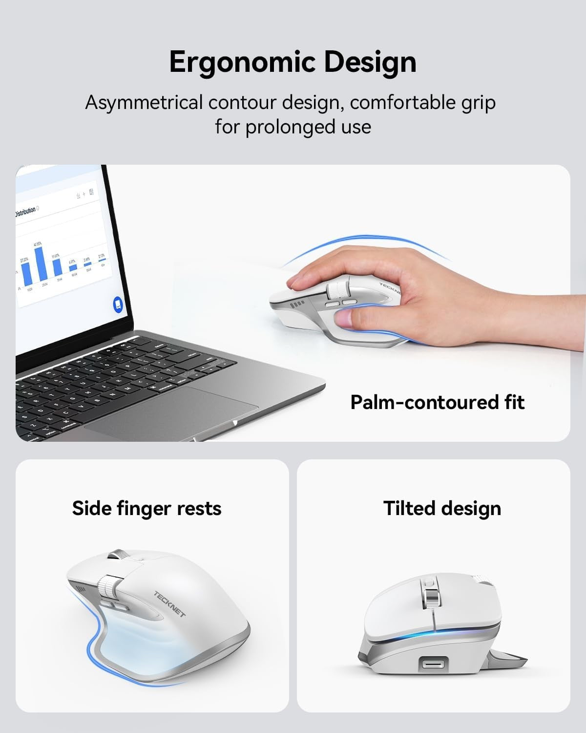 Bluetooth Wireless Mouse Thumb Scroll Rechargeable Silent Ergonomic Laptop PC