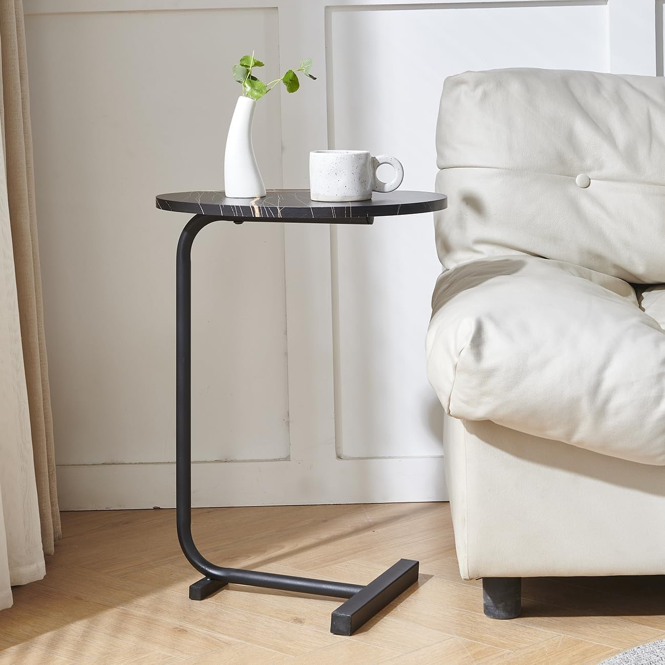 Black C-Shaped Side Table – Slim Sofa Snack Table with Modern Metal Frame