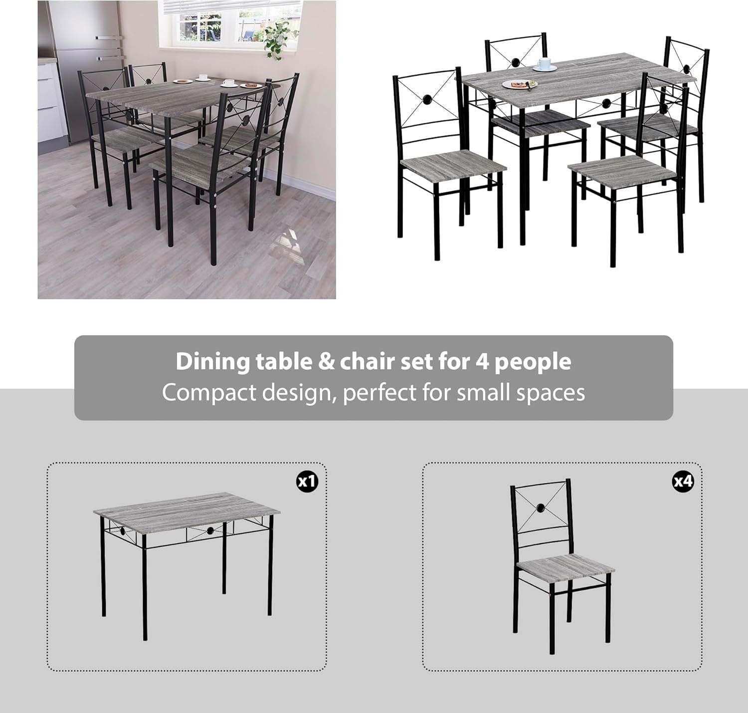 Modern Grey 4-Seater Dining Table Set | Compact Kitchen Breakfast Set