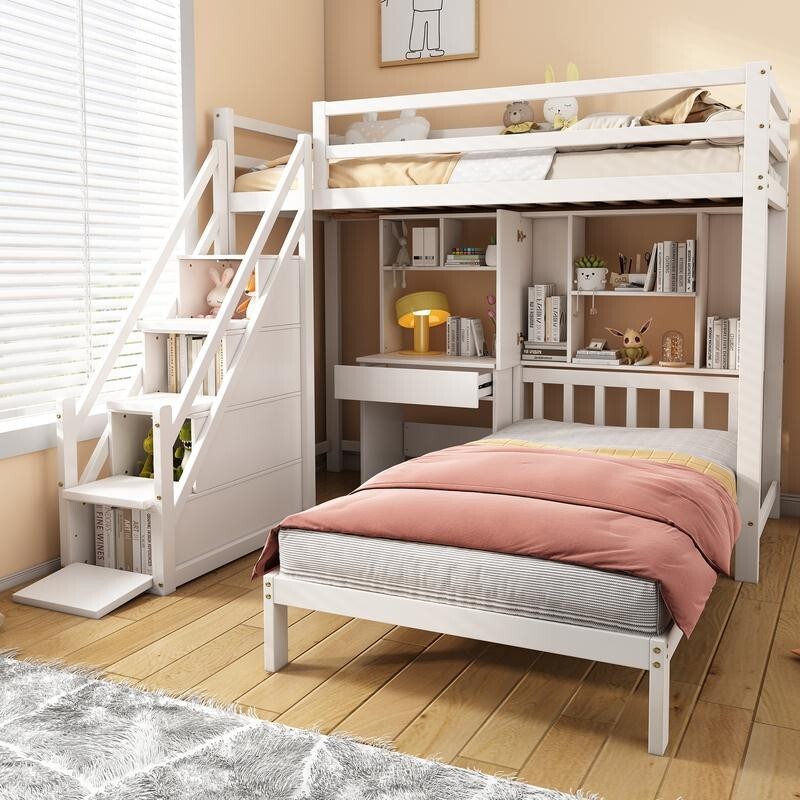 Kids Bunk Bed with Desk & Storage White 3FT Pine Wood Double Loft Bed 90x190cm