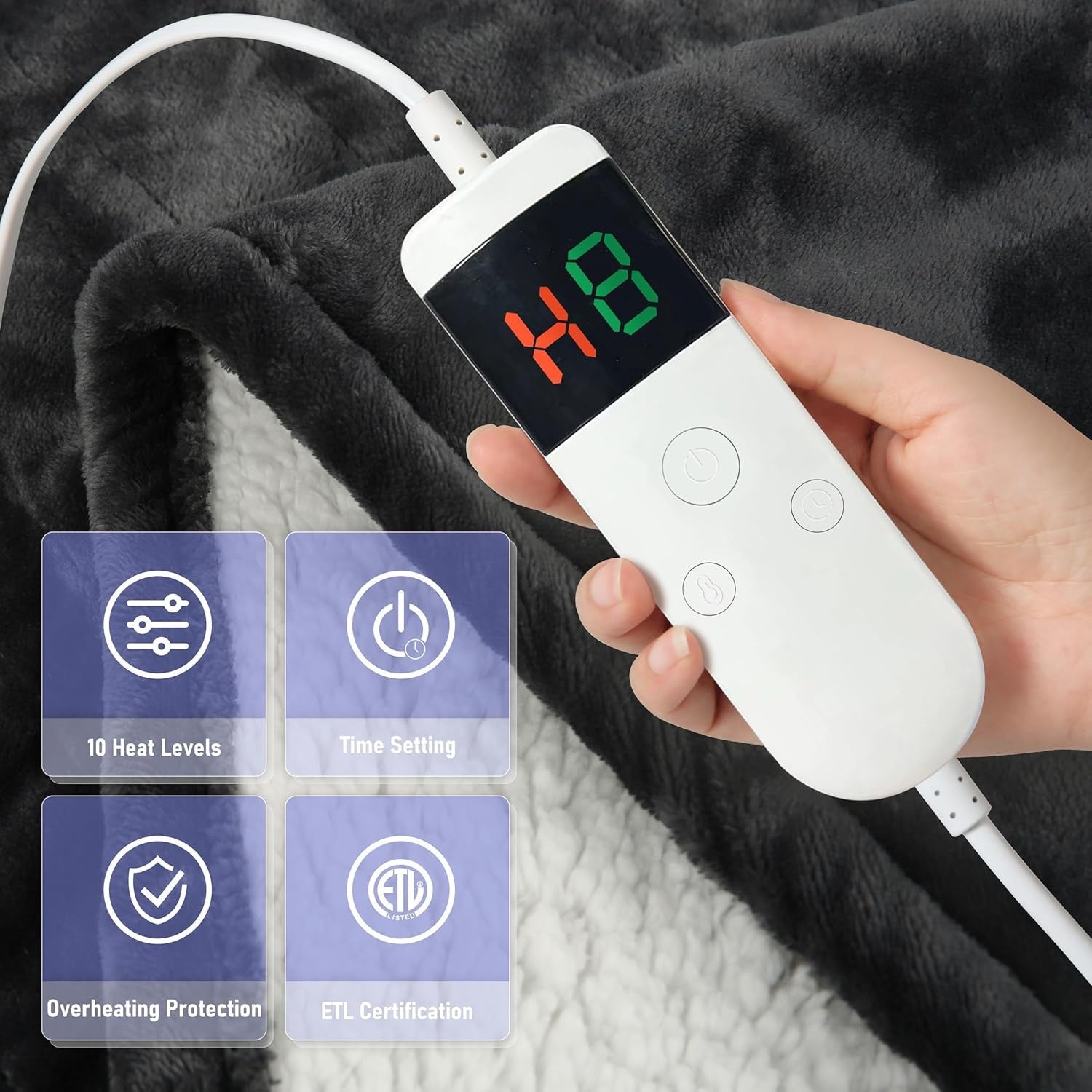 Electric Heated Throw Blanket Dark Grey 180x200cm Sherpa Fleece Auto Off