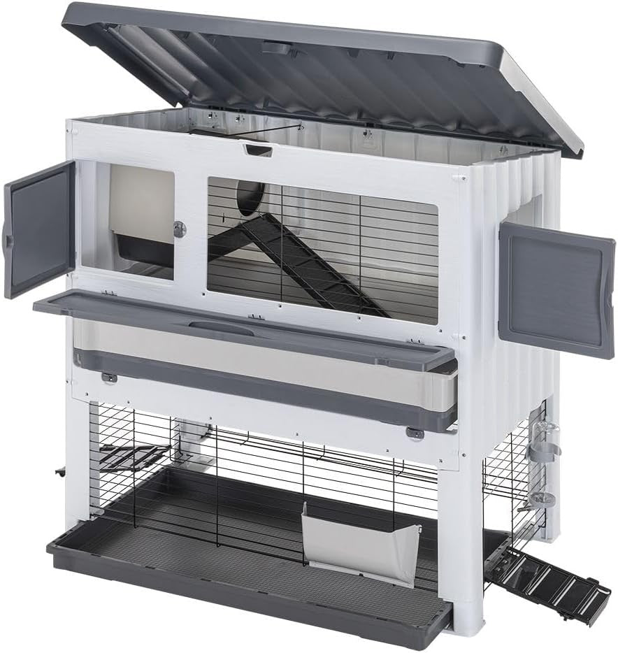 Large Outdoor Rabbit Hutch Double Floor Weatherproof Easy Clean Lodge