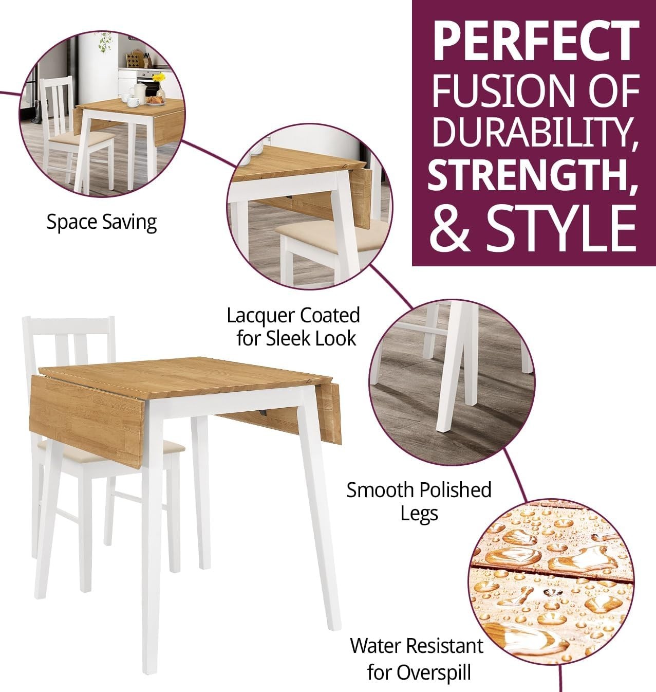 Small Drop Leaf Dining Table with 2 Chairs White & Oak Foldable Set