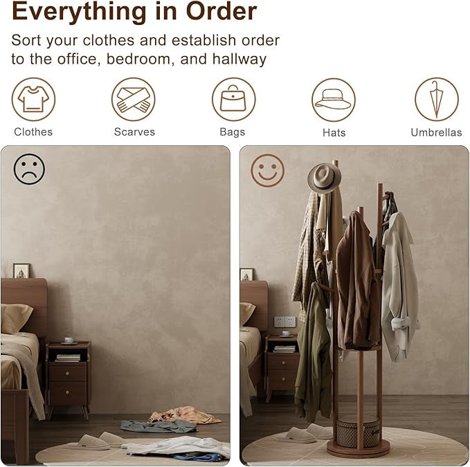 Walnut Wooden Coat Rack Stand with 3 Shelves | Rotating 9 Hooks Hall Tree