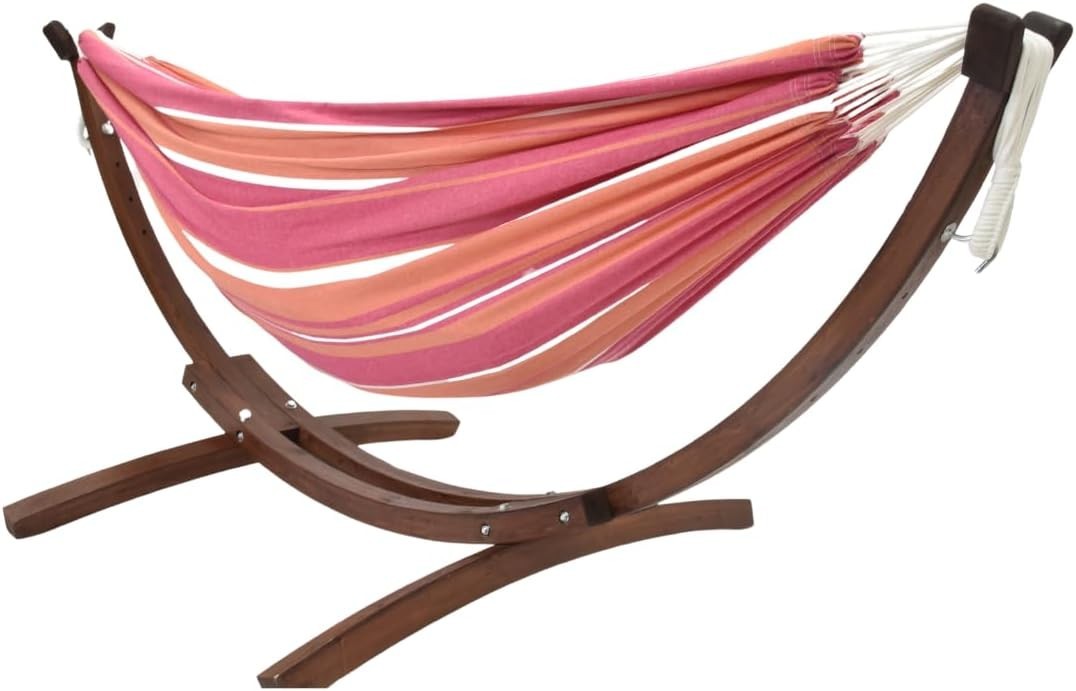 Double Cotton Hammock with Solid Pine Arc Stand | 2 Person 204kg Capacity | 254c