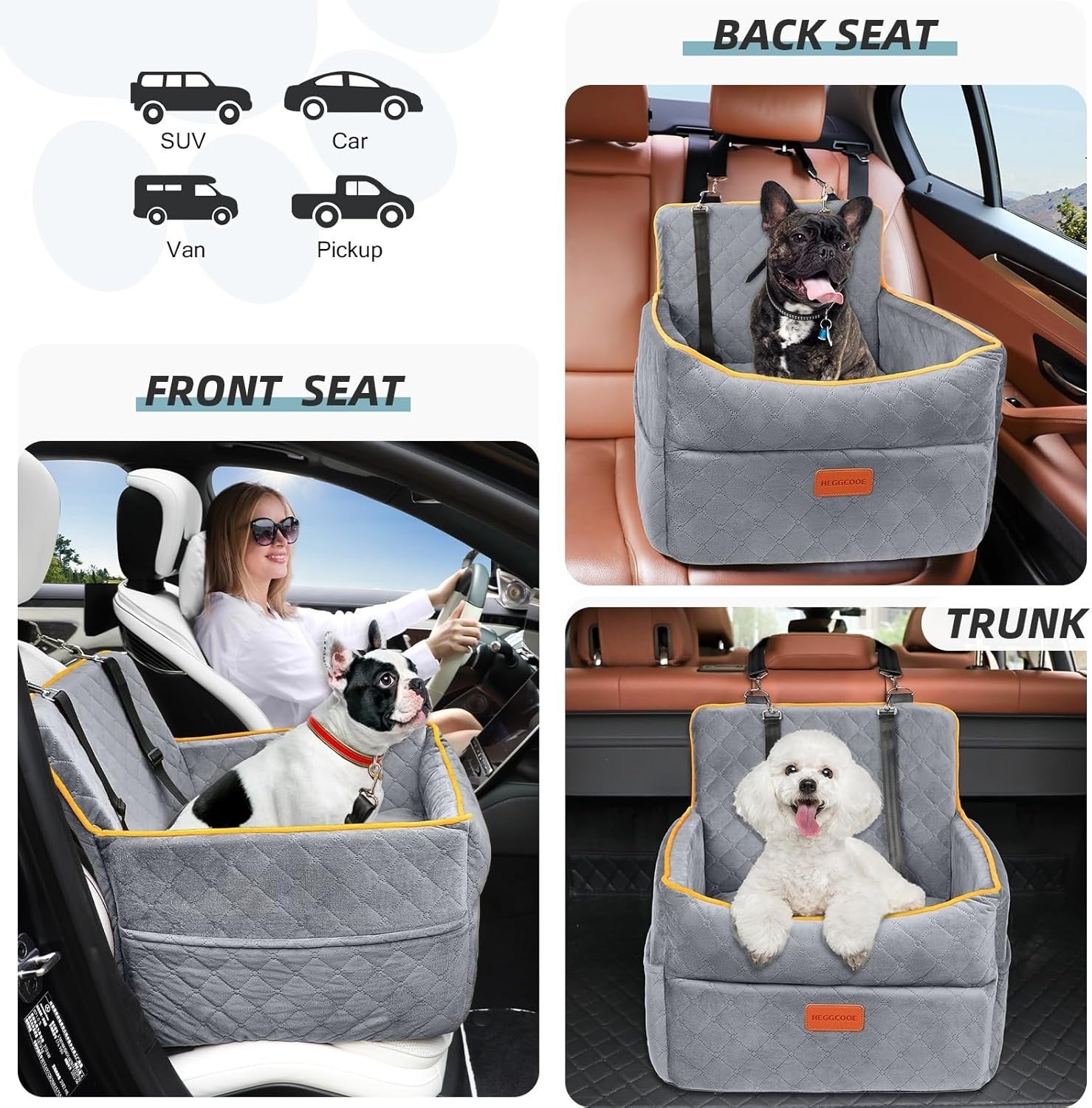 Elevated Dog Booster Car Seat Memory Foam Travel Bed Washable Grey