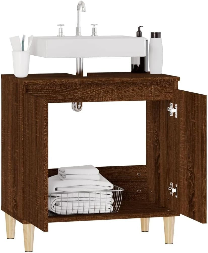 Grey Oak Under Sink Bathroom Cabinet – Scandinavian Vanity Storage Unit 58x33x60