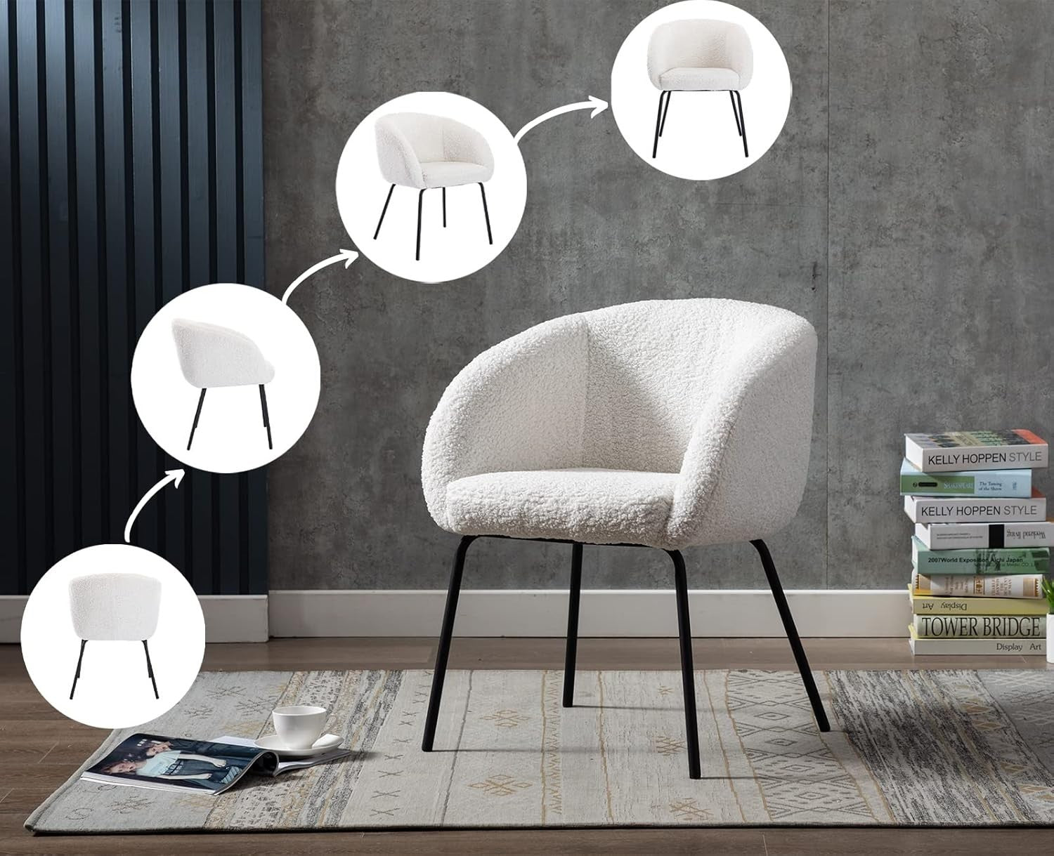 White Faux Fur Tub Accent Chair – Modern Upholstered Lounge Chair with Metal Leg