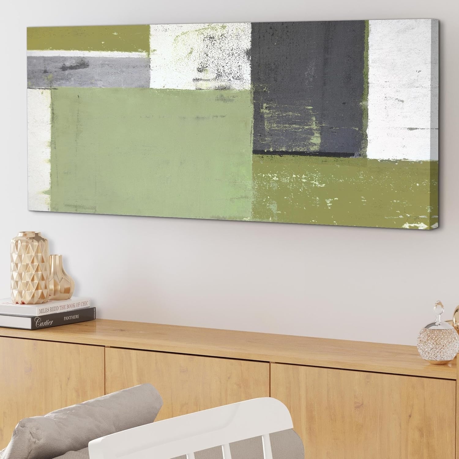 Large Green Grey Abstract Canvas Wall Art Modern Painting 119x52cm