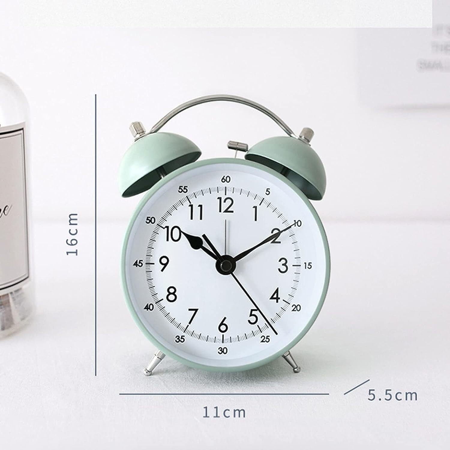 Vintage Twin Bell Alarm Clock Loud Silent Non-Ticking Silver Grey Bedside