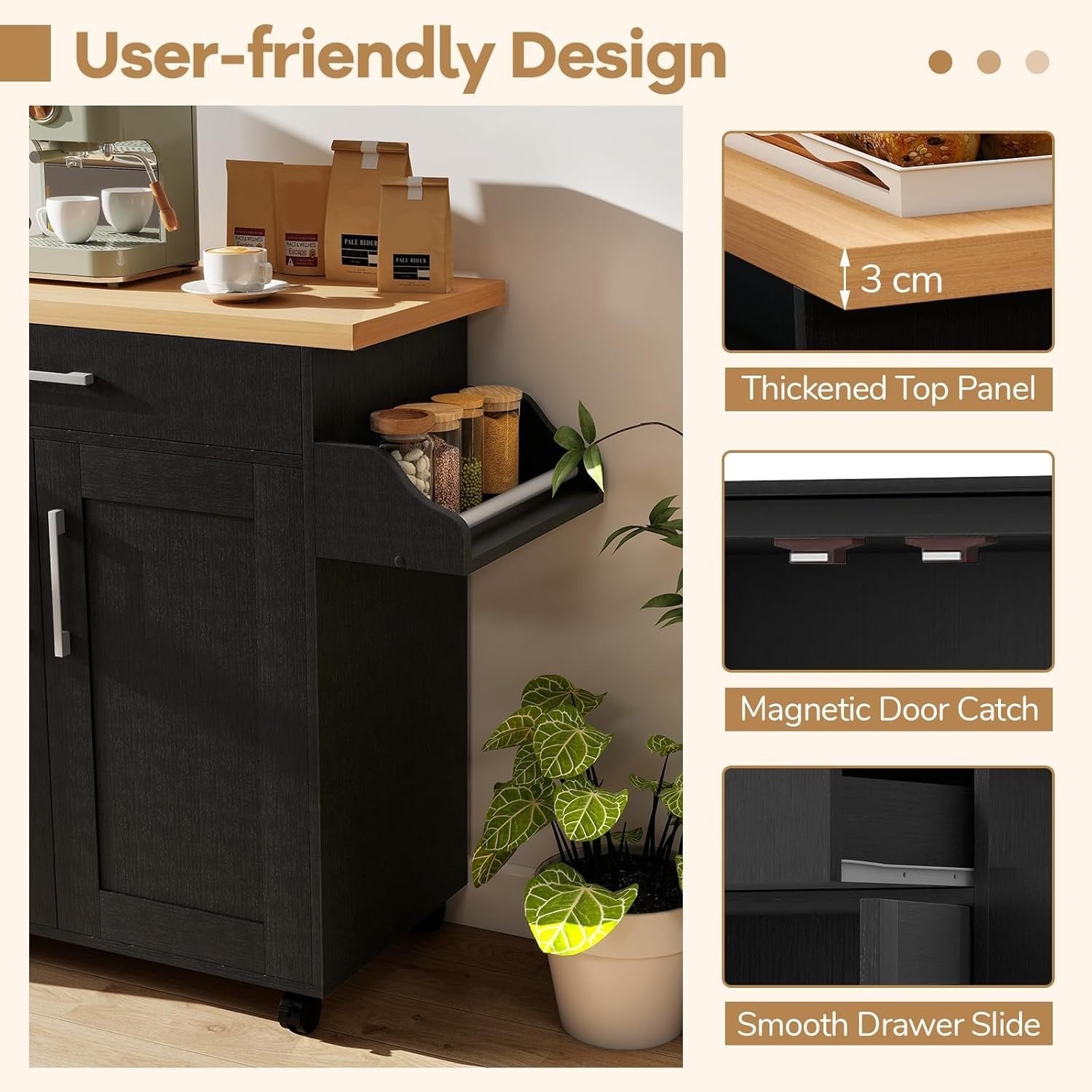 Large Kitchen Island Trolley Adjustable Shelf Drawer Black