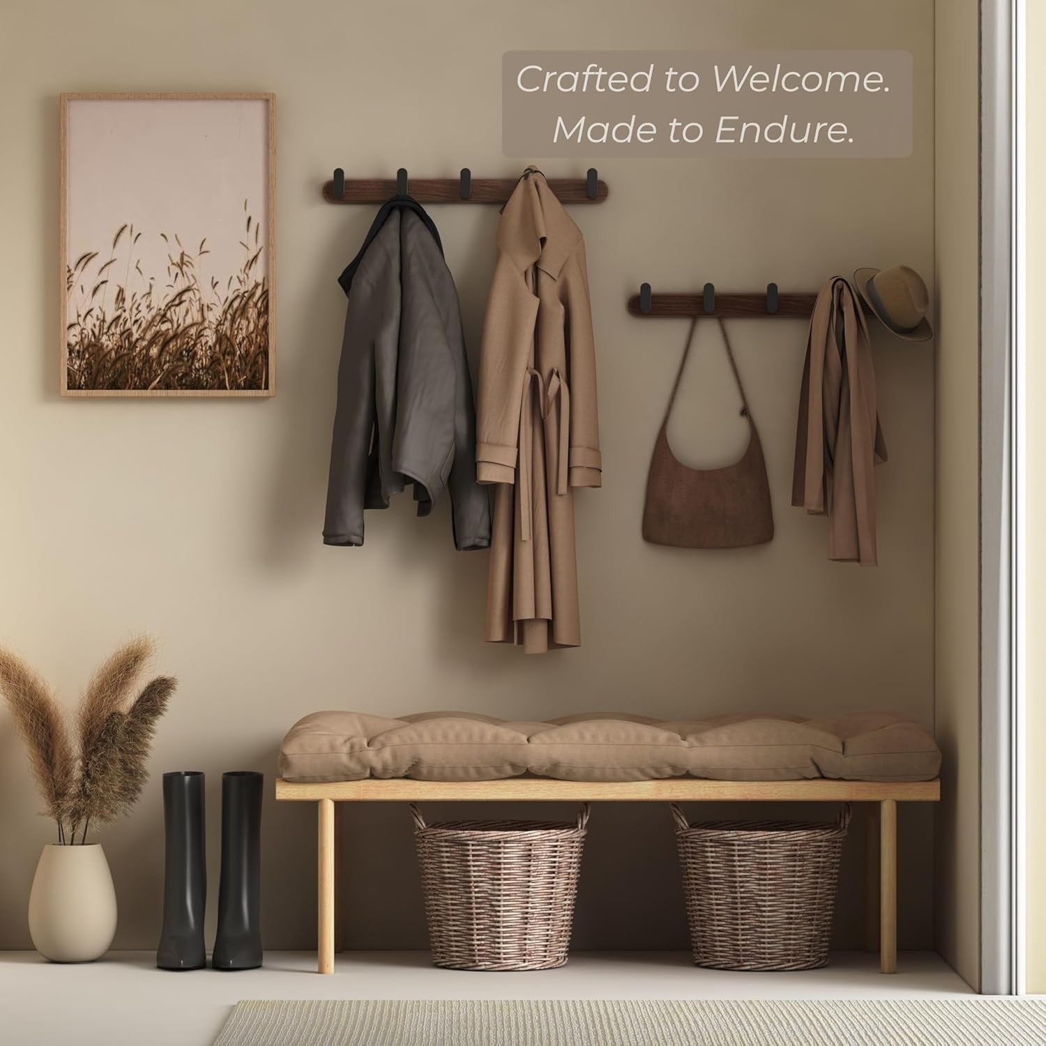 Black Walnut Wall Mounted Coat Rack | 45cm Solid Wood Hooks for Coats & Bags