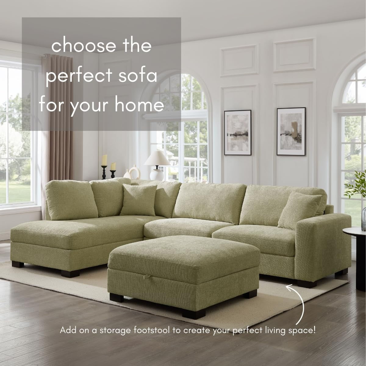 L-Shape Large Corner Sofa 5 Seater Sage Green Chenille Left Hand Facing