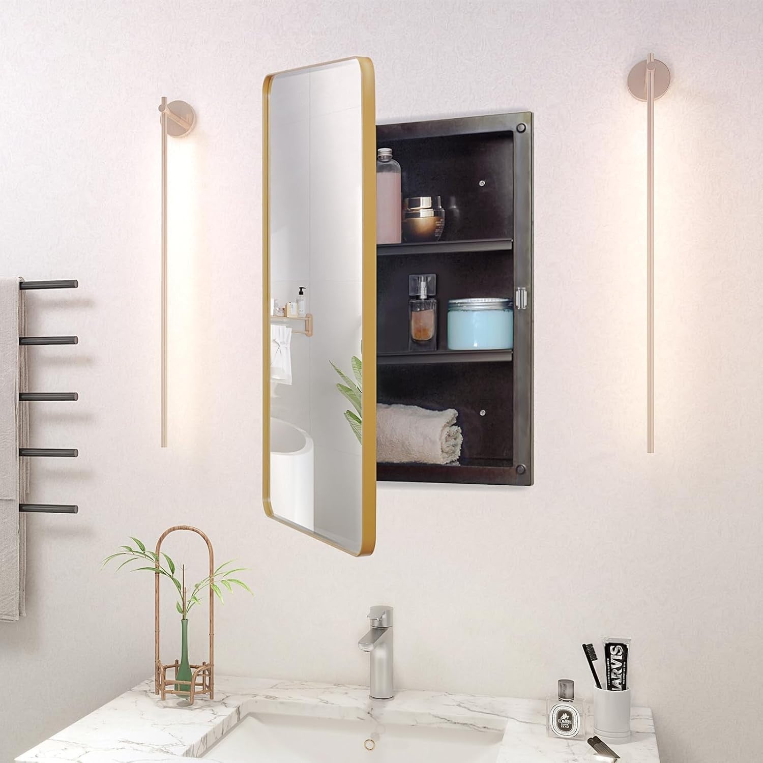 Wall-Mounted Plastic Mirror Cabinet with Adjustable Shelves & Golden Frame