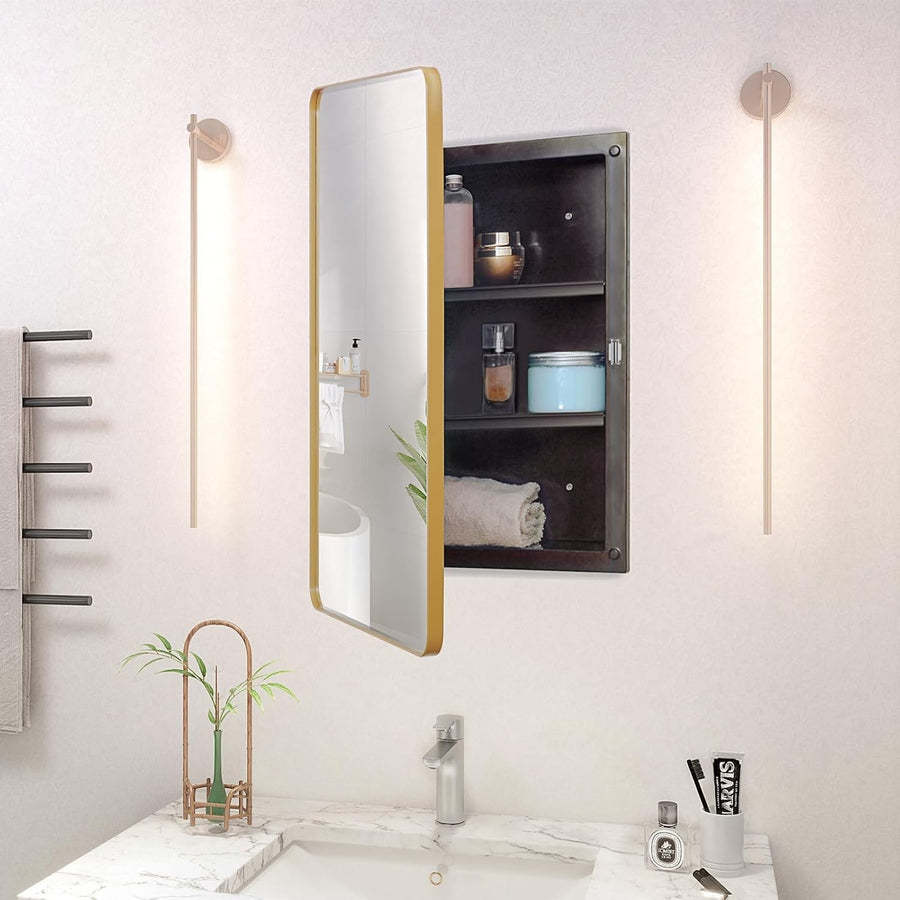 Wall-Mounted Plastic Mirror Cabinet with Adjustable Shelves & Golden Frame
