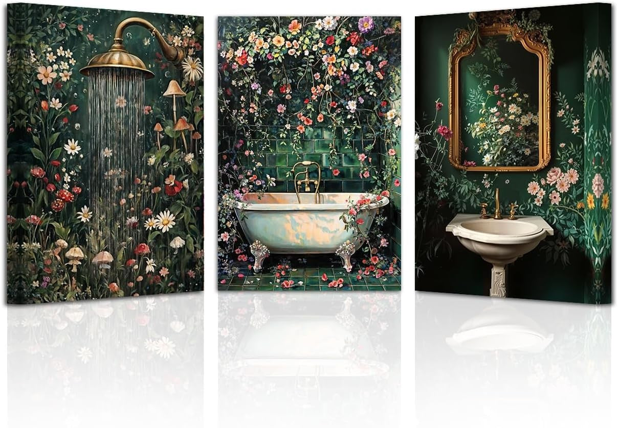 Dark Green Bathroom Wall Art 3 Piece Vintage Floral Canvas 11x14in