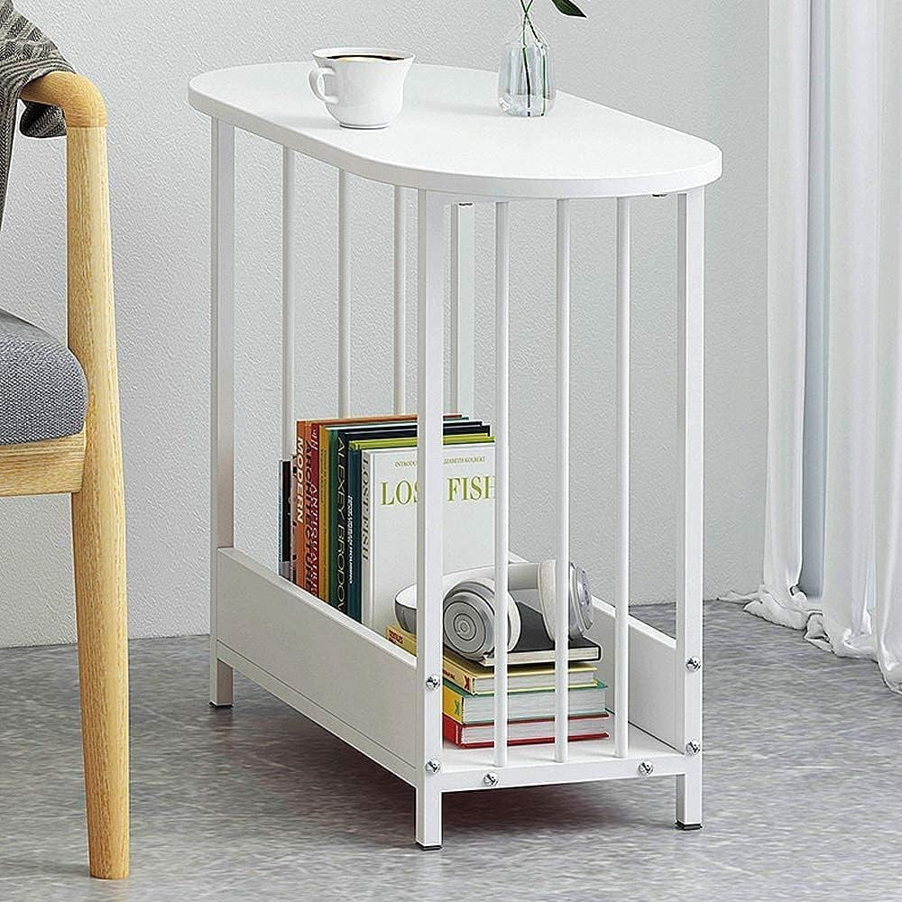Slim White C-Shaped Side Table – Narrow Sofa Table with Metal Frame