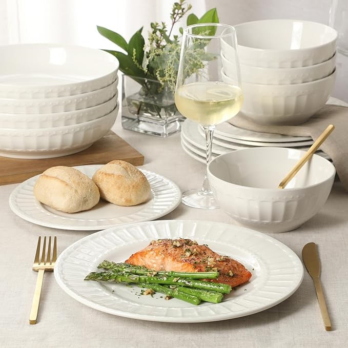 16pc White Embossed Dinnerware Set Plates Bowls Pasta Dish Service for 4