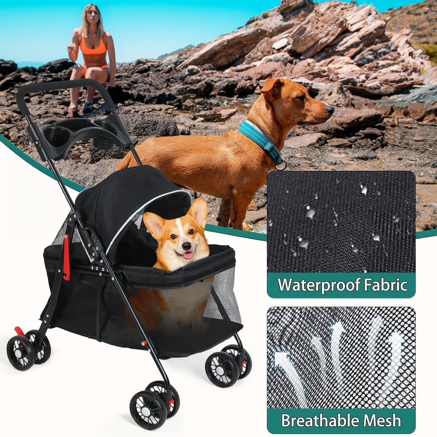 Pet Stroller for Dogs & Cats 4 Wheel Foldable Travel Pram Brake Mesh