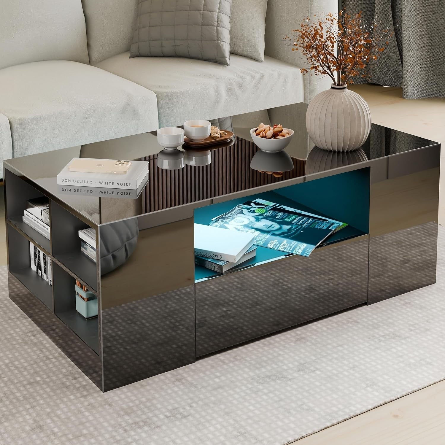 Blisswood LED Coffee Table with 2 Drawers, High Gloss Top & RGB Lights 95x55cm