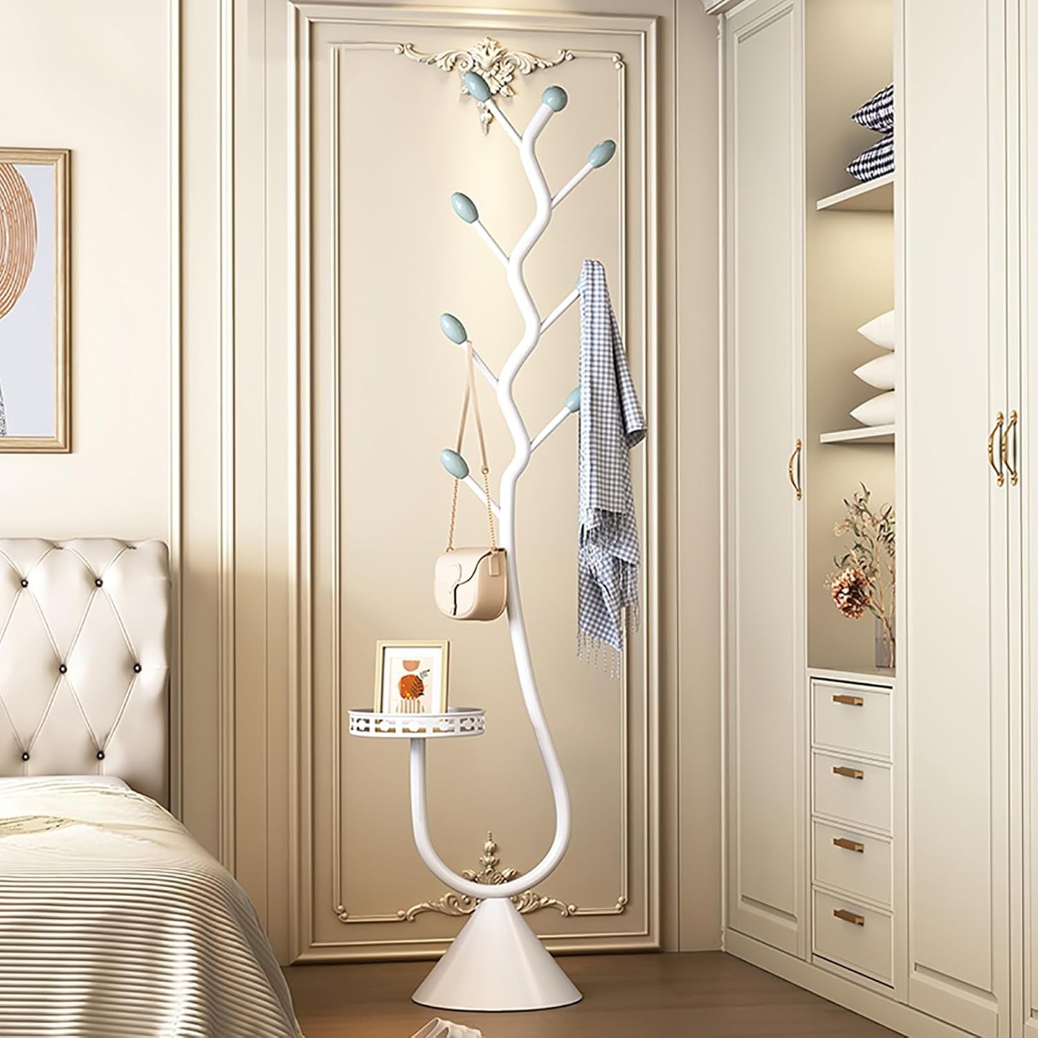 White Metal Coat Rack Stand with 8 Hooks Tray | Modern Hall Tree 171cm