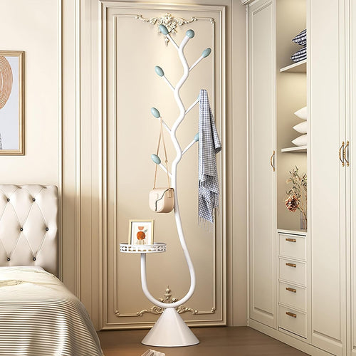 White Metal Coat Rack Stand with 8 Hooks Tray | Modern Hall Tree 171cm