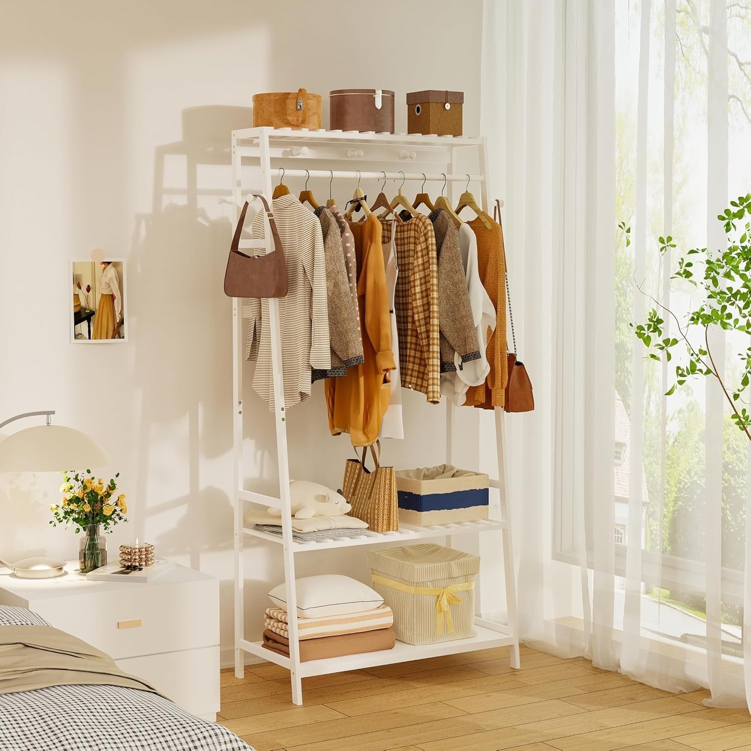 Bamboo Clothes Rail Rack with Shelves & Hooks, White Wardrobe