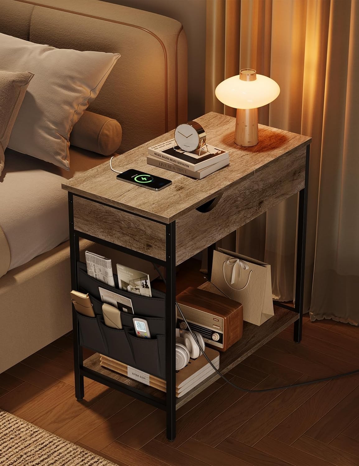 Light Wood Narrow Bedside Table with USB Charging Ports & Storage