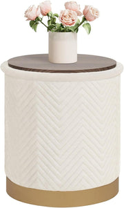 White Velvet Round Storage Pouffe Folding Ottoman with Flip-Top Tray Seat