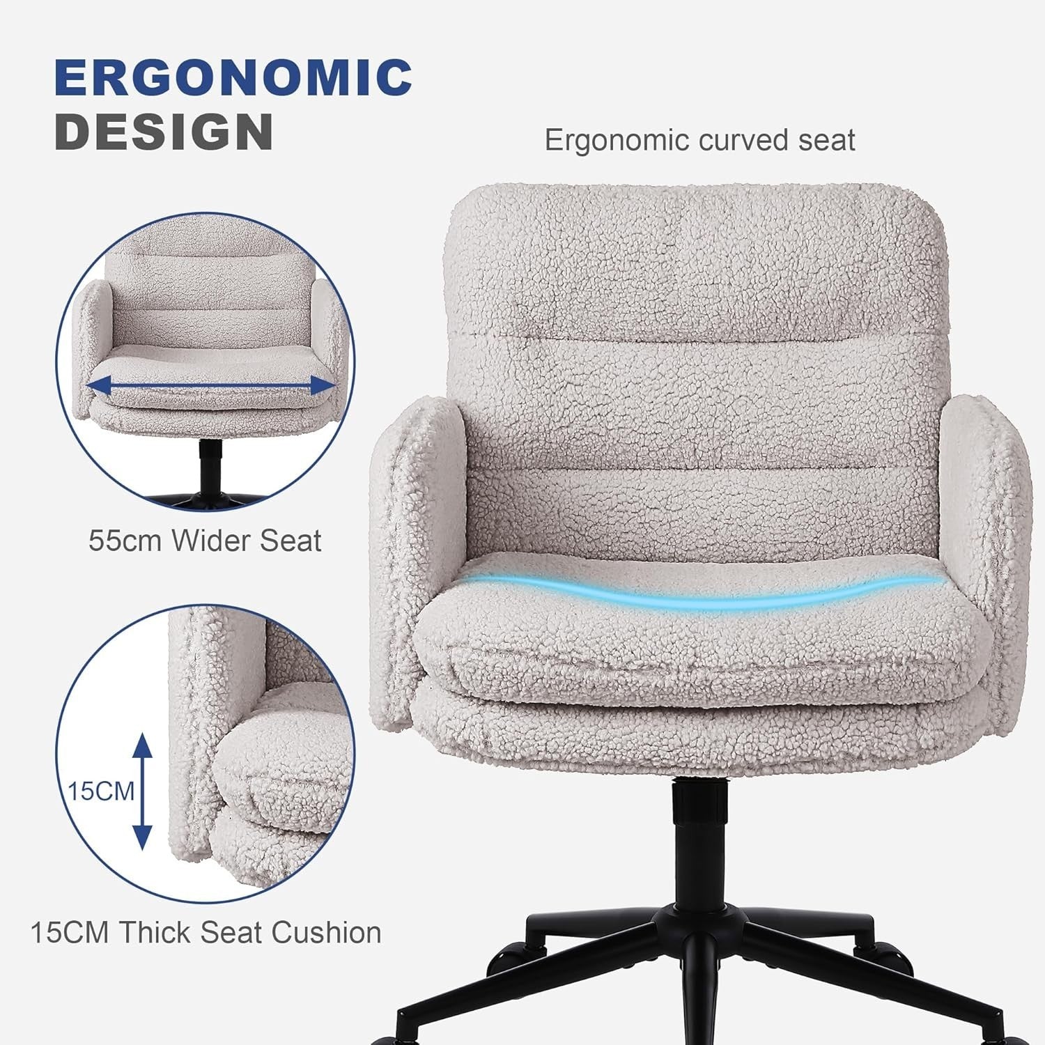 Ergonomic Office Desk Chair Swivel Cream Faux Fur Adjustable Height Tilt Lock