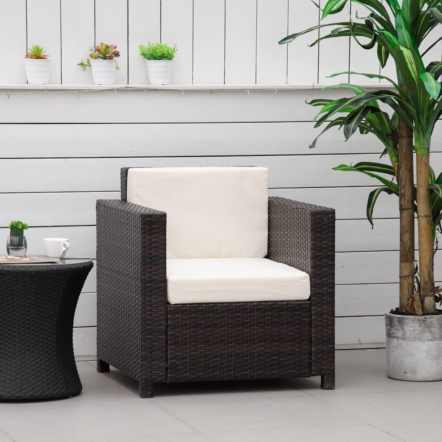 Rattan Garden Armchair with Cushion Brown Outdoor Patio Lounge Single Seater