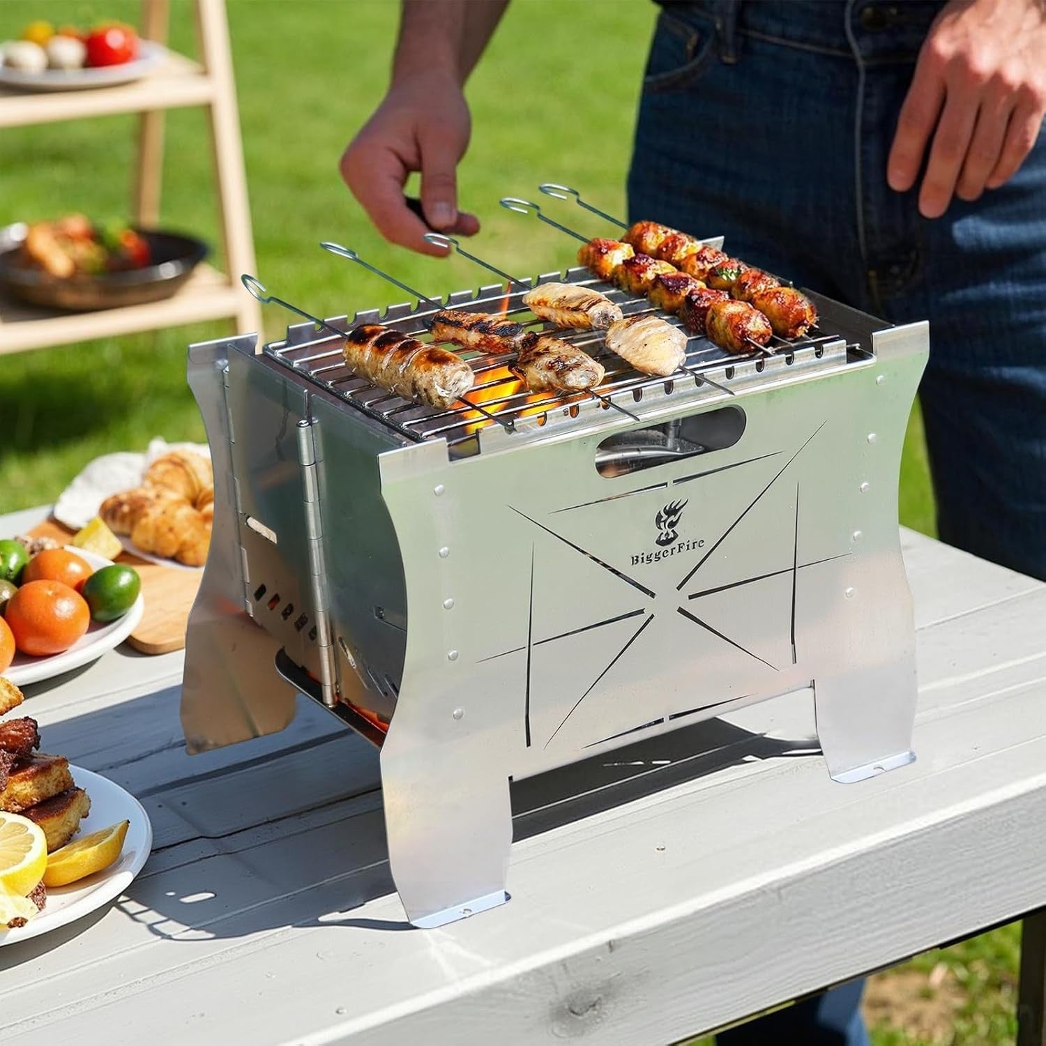 Portable Stainless Steel Camping BBQ Grill Foldable 2-in-1 Charcoal & Gas