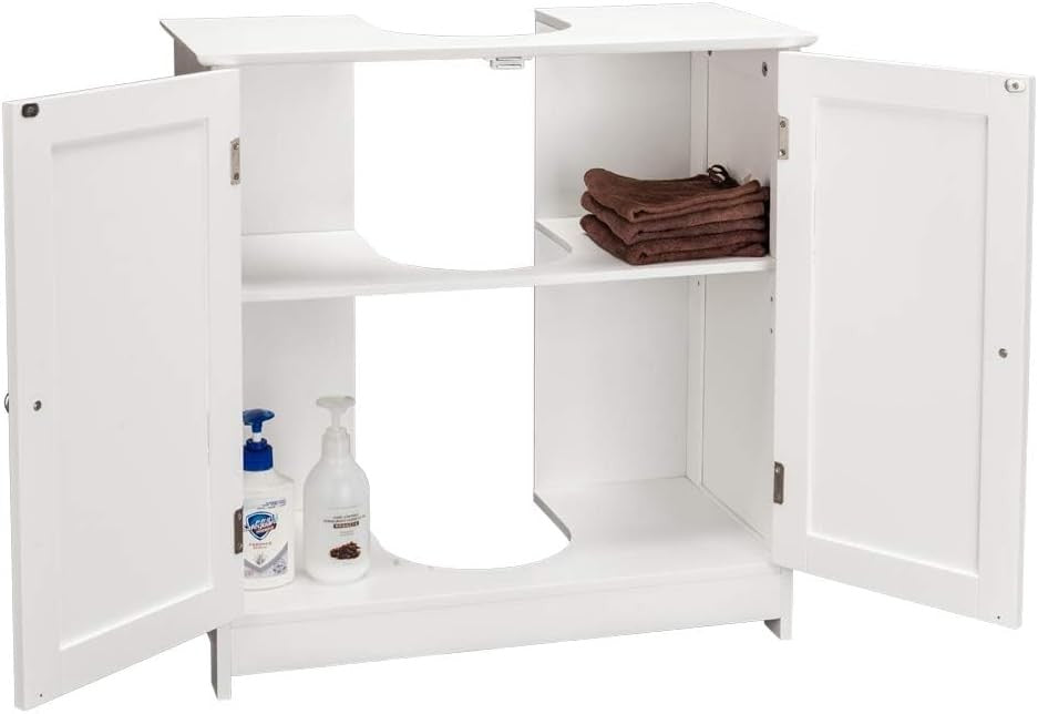 White Under Sink Bathroom Cabinet with Shelves Double Door Storage Unit