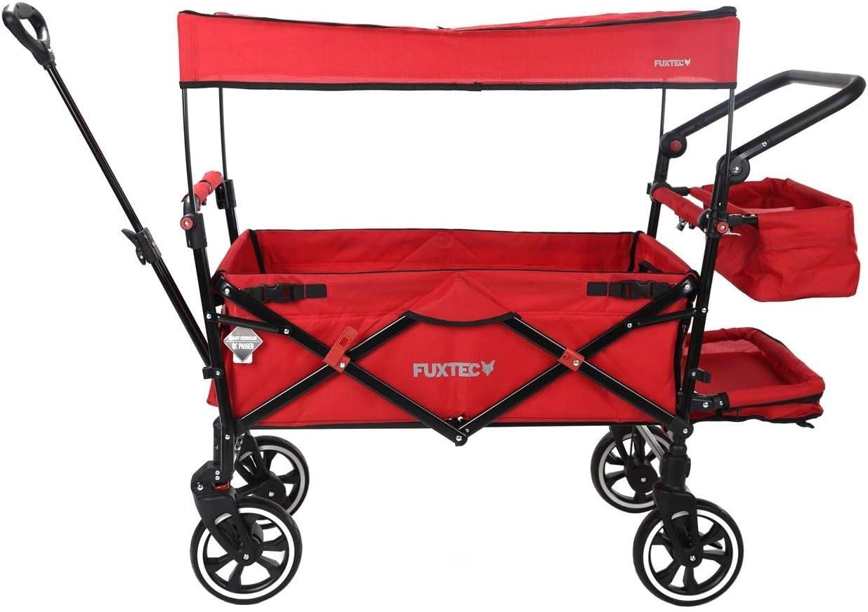 Red Folding Stroller Wagon Kids Push Pull Cart w/ Canopy & Safety Harness
