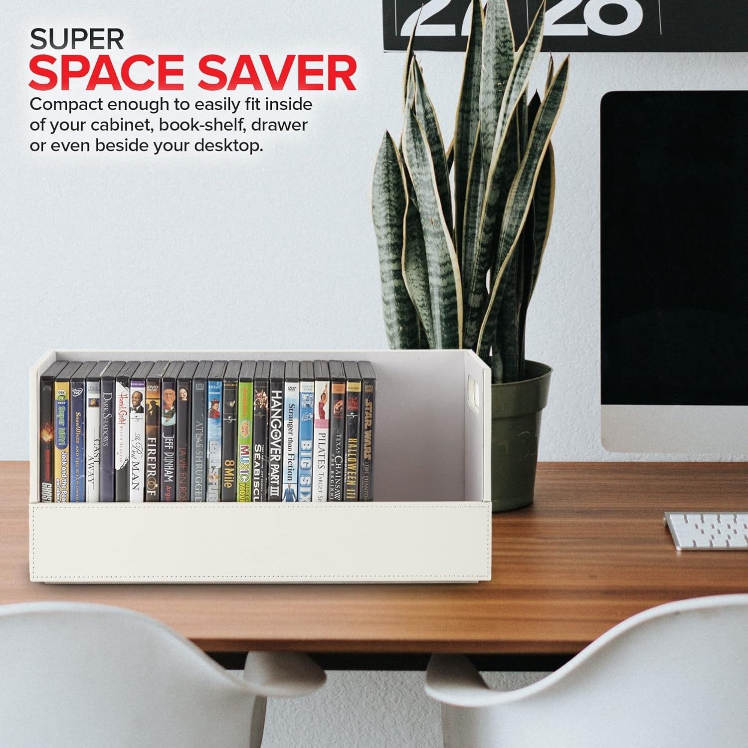 DVD Storage Box Organizer Holds 28 Cases Faux Leather White Shelf