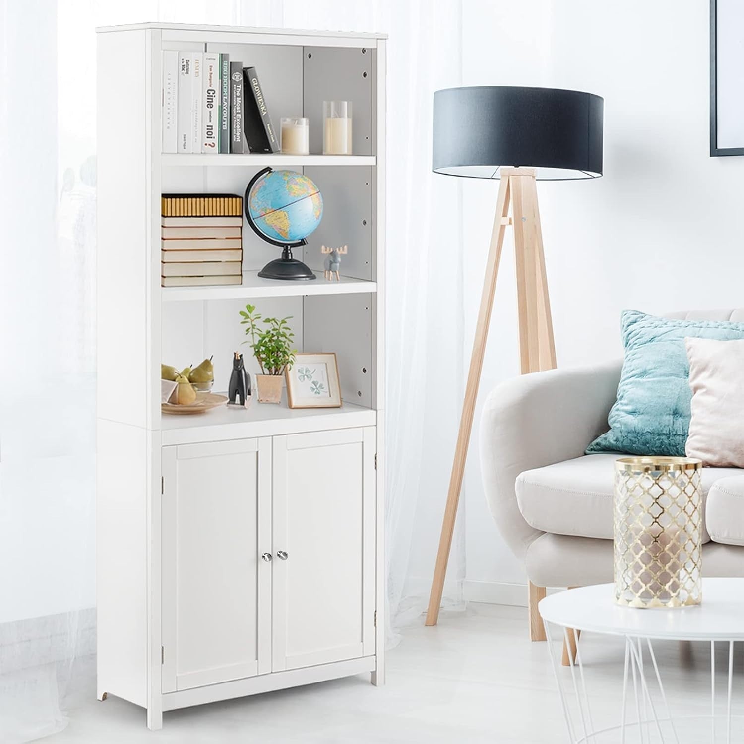White Wooden Storage Cabinet with 3 Open Shelves & 2 Doors for Home