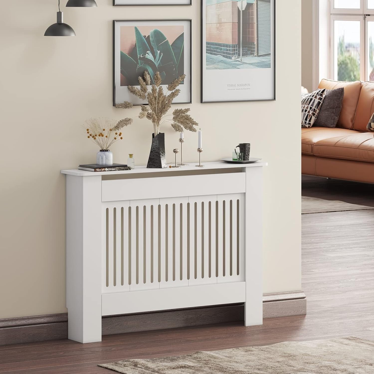Medium White Radiator Cover | Modern MDF Vertical Slatted Cabinet