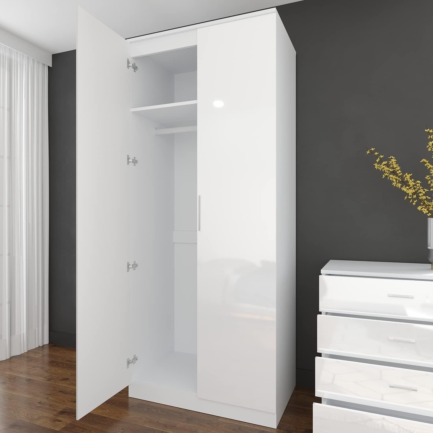 High Gloss 2 Door Wardrobe with Hanging Rail & Storage Shelves - Bedroom