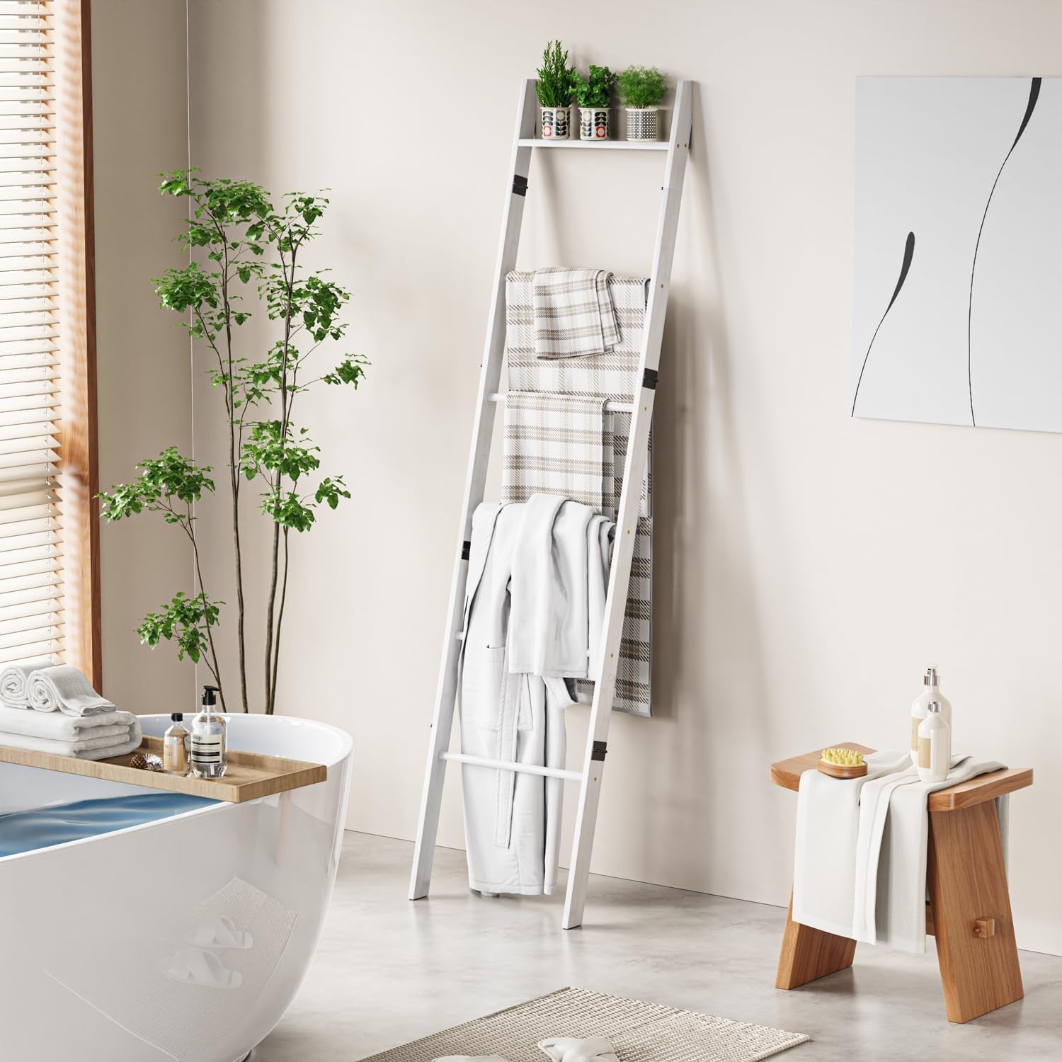 6 Tier Blanket Ladder Bamboo Towel Rack Leaning Storage Shelf White