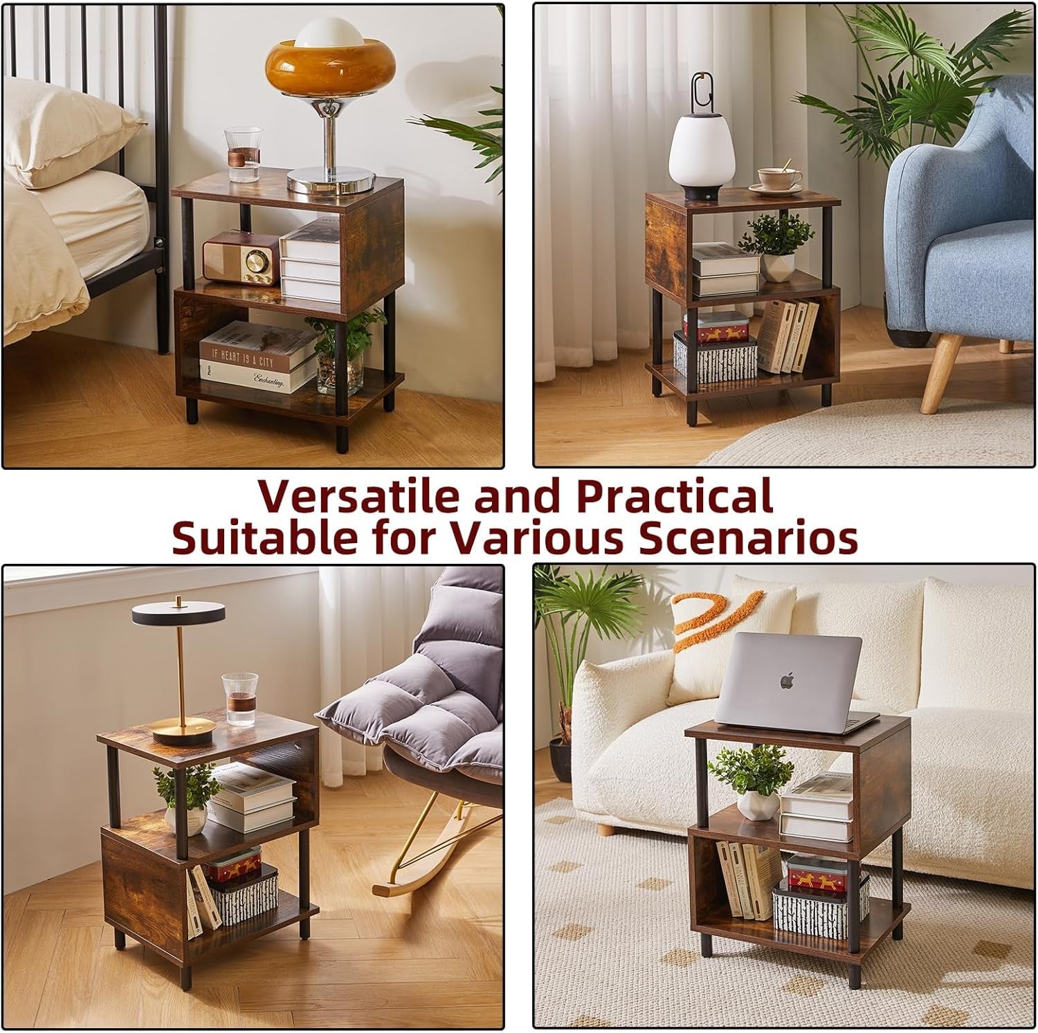 Rustic Brown 3-Tier S-Shape Side Table with Storage Shelves & Black Legs