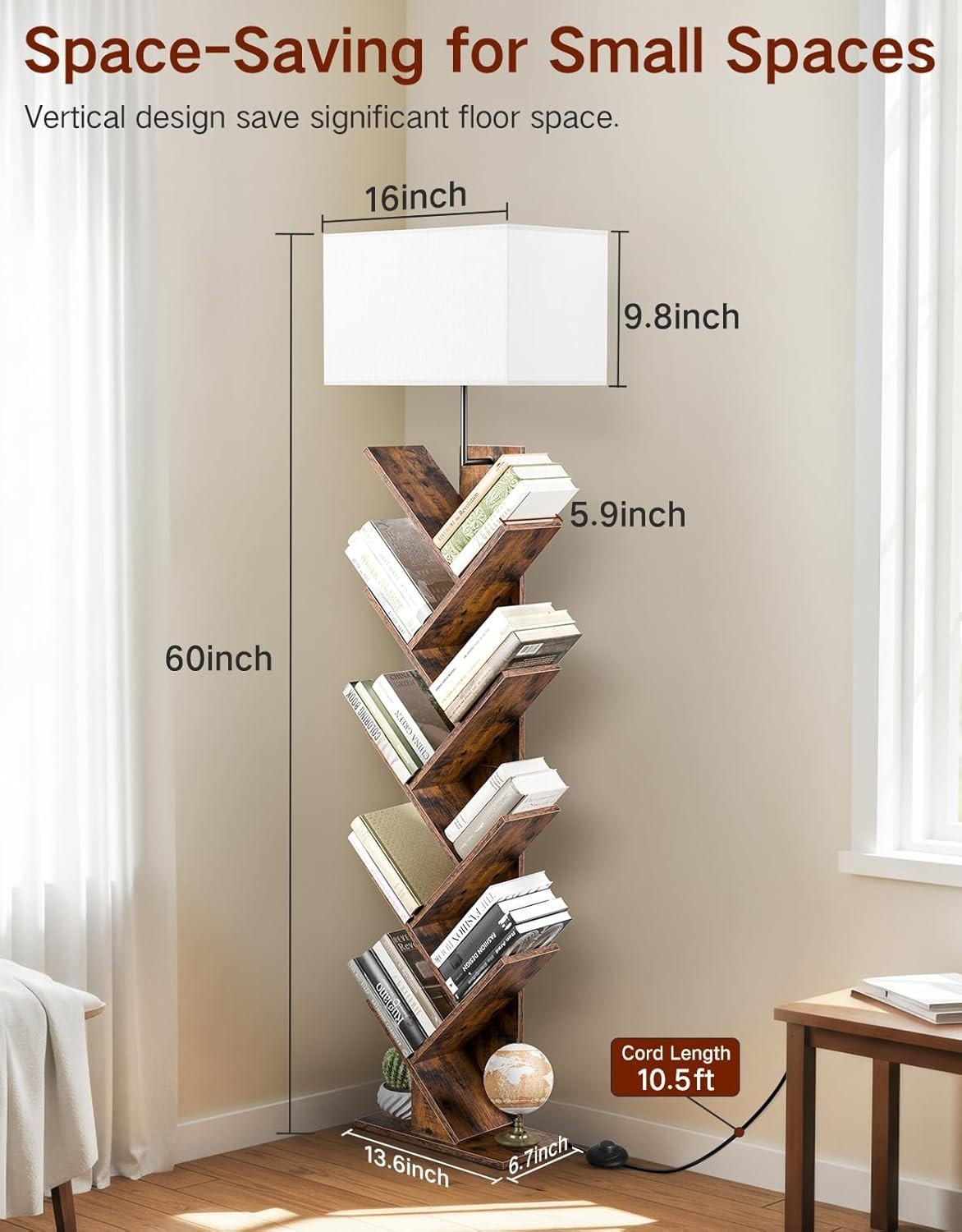 9 Tier Tree Bookshelf with LED Lamp Remote Rustic Brown Tall Narrow Shelf
