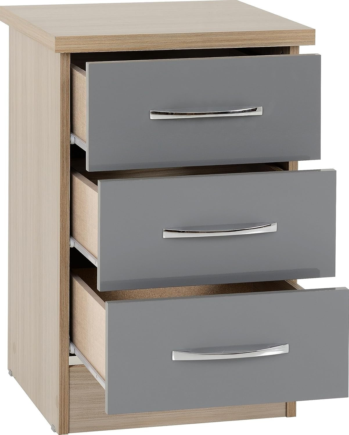 3 Drawer Grey Gloss Bedside Table – Modern Light Oak Nightstand